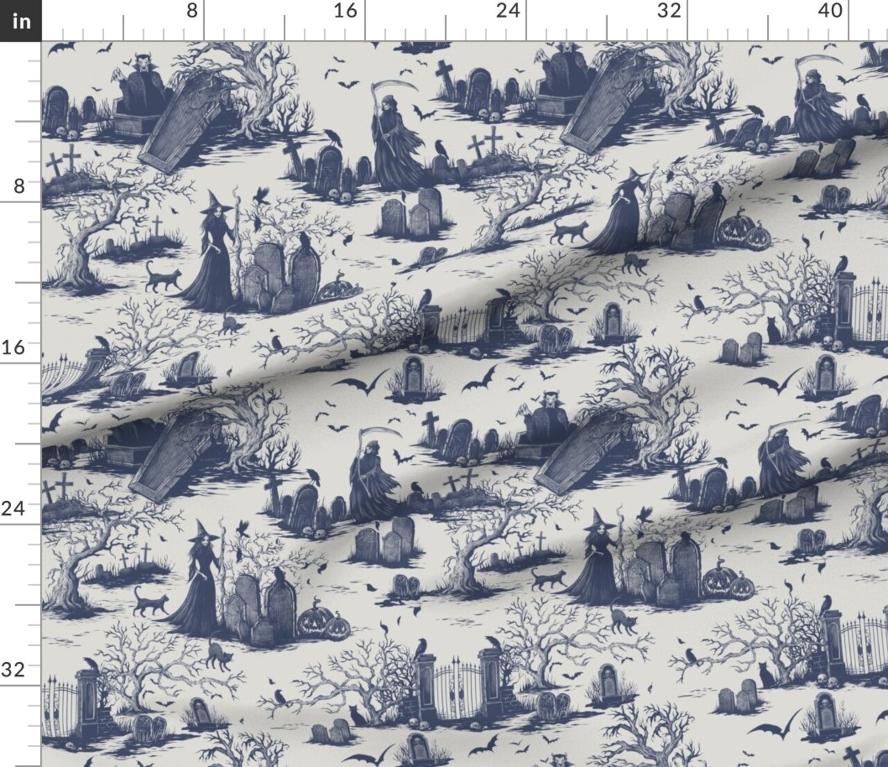 Various Fabrics by the Yard or Fat Quarter Toile Witch Halloween Dracula Grim Reaper Spooky Pumpkins Graveyard Vintage Victorian Haunted Gothic De Juoy Custom Printed Fabric by Spoonflower